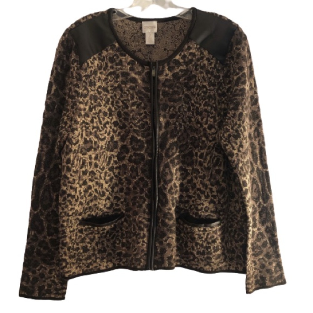 NEW Chico’s Brown Leopard Metallic Moto Cardigan L NWT